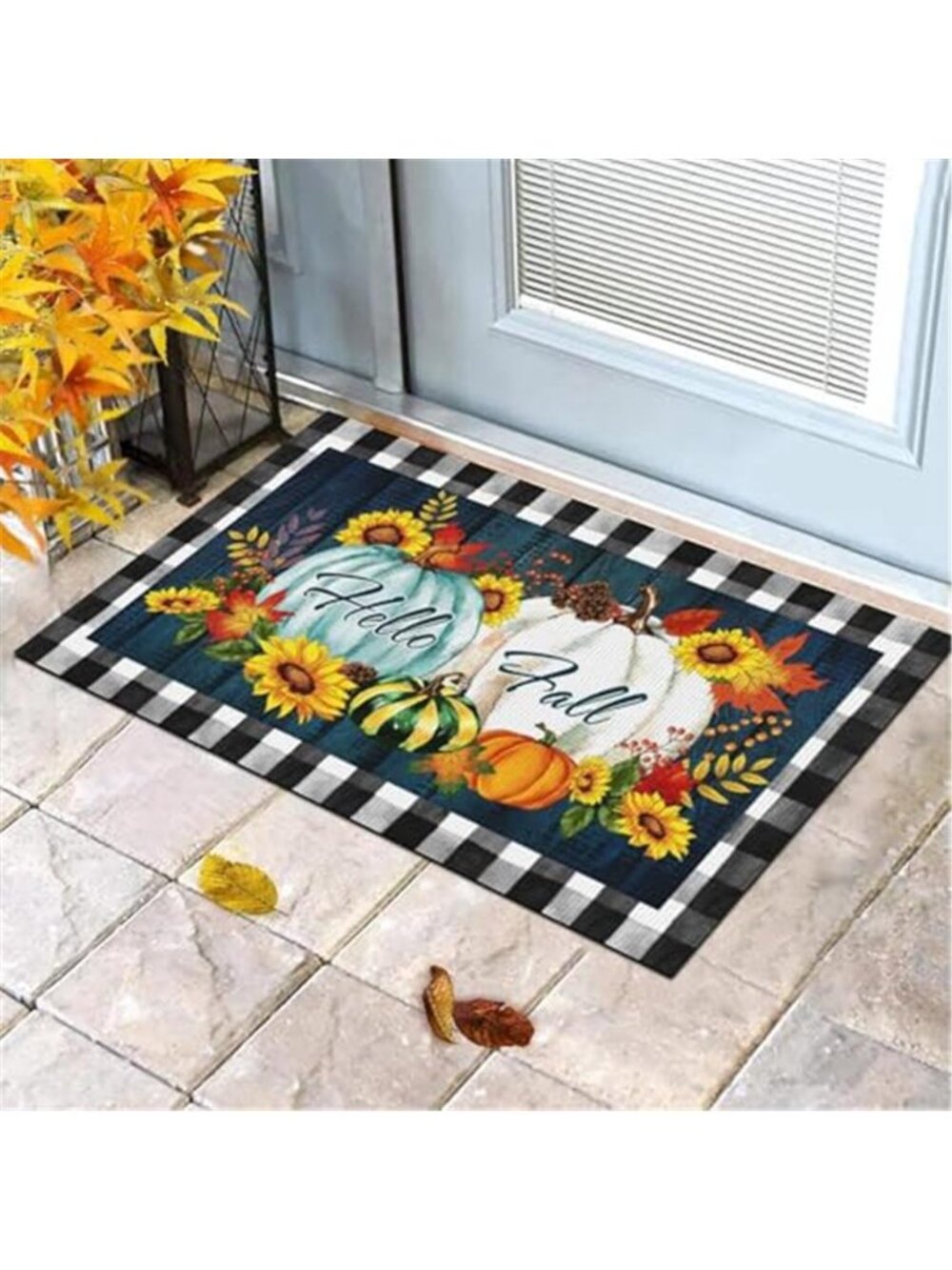 Hello Fall Door Mat Buffalo Plaid Pumpkin Front Door Welcome Mats Indoor